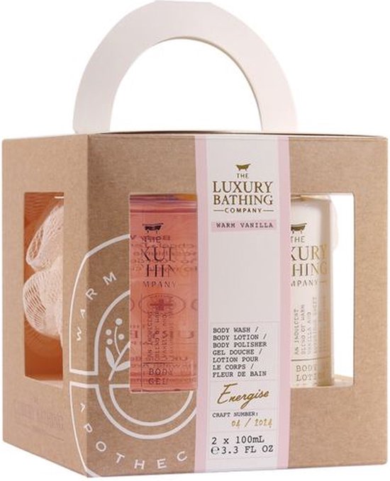 Set Cadou Energise, Warm Vanilla, Gel de Dus, Lotiune Corp, Burete Exfoliant Corp, The Luxury Swimming Company, 3 articole