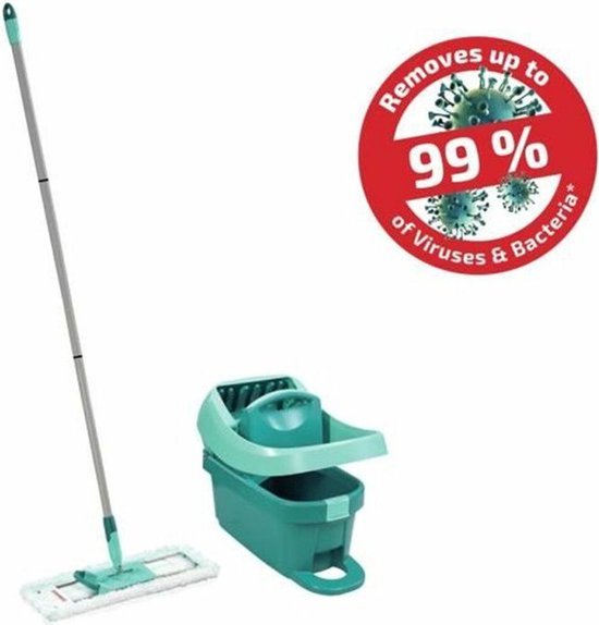 Serpillière et seau avec système d'essorage, turquoise et gris. Cercle rouge avec texte : Élimine jusqu'à 99% des virus et bactéries.