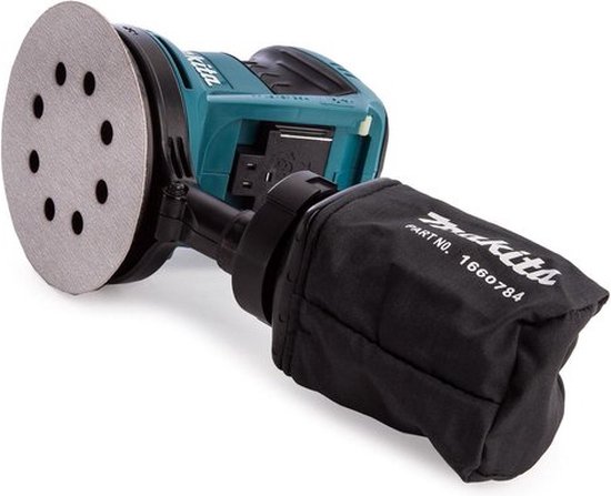Turquoise en zwarte Makita excenterschuurmachine met stofzuigerzak.