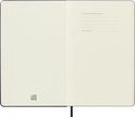 Gelinieerde pagina's van een donkerblauw Moleskine notitieboek, met contactgegevens voor verlies.