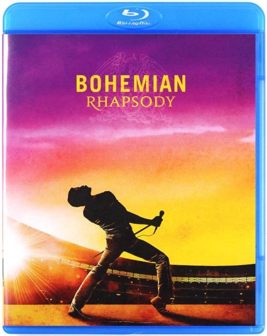 Blu-ray hoes van Bohemian Rhapsody met een silhouet van Freddie Mercury met microfoon in stadion.