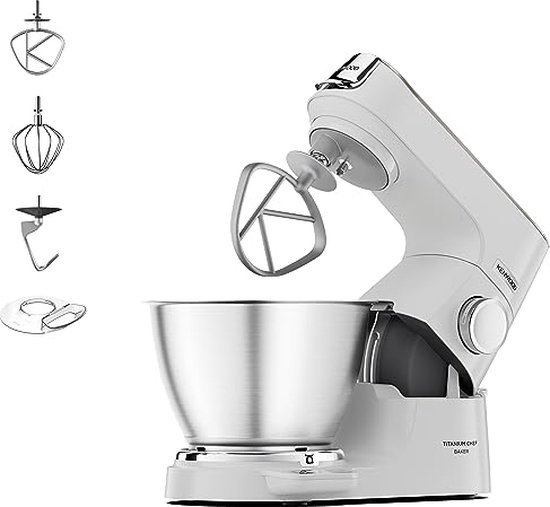 Robot pâtissier Kenwood blanc avec bol inox, feuille et accessoires.