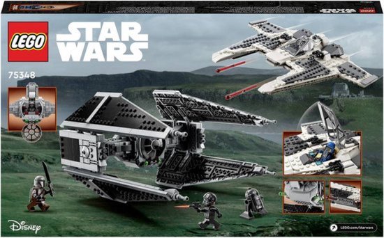 Achterkant van LEGO Star Wars doos 75348 met actiebeelden van de Fang Fighter en TIE Interceptor.