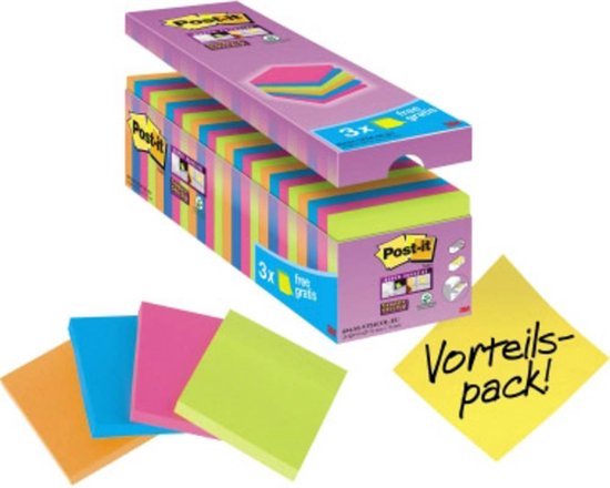 Post-it Super Sticky Notes value pack, 76x76 mm, met 21 blokken en 3 gratis. Toont losse blokken in neon oranje, blauw, roze en groen en een gele notitie met 'Vorteils-pack!'