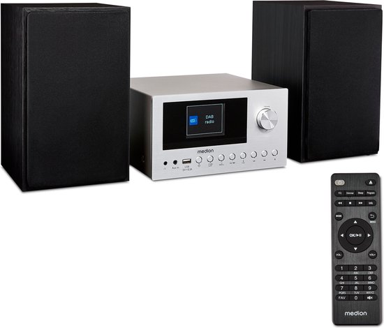 MEDION P85003 Micro Audio System compact systeem (internetradio, DAB+, PLL FM-radio, Bluetooth, USB-aansluiting, AUX, 2x150 W), zilver