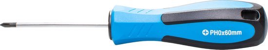 Tournevis avec manche bleu et noir. Marquage "PH0x60mm" sur le manche.