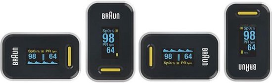 Vier Braun pulsoximeters in verschillende oriëntaties, met displays die SpO2 en PR waarden tonen.