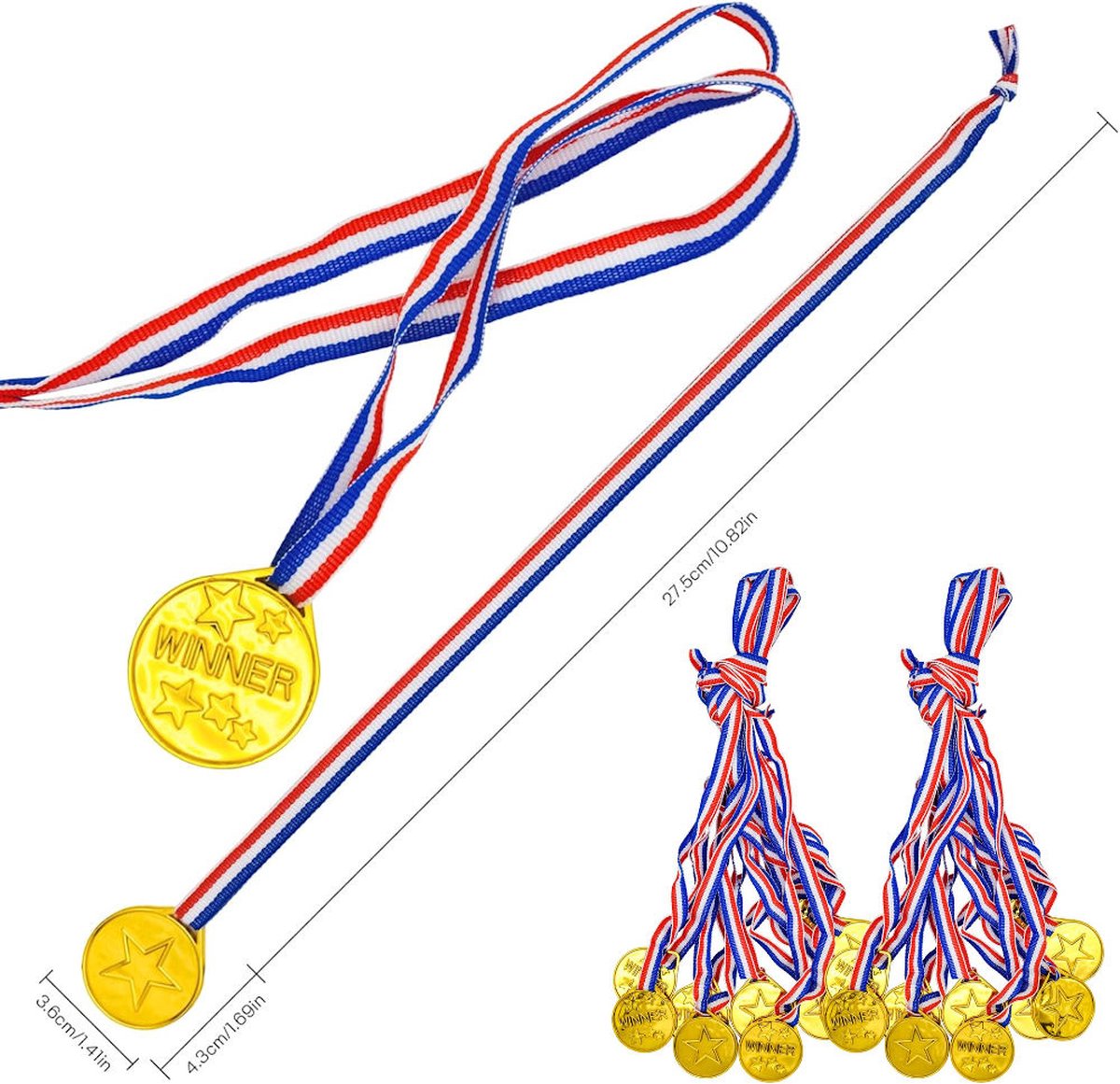 Henbrandt - 12 Stuks Gouden Medailles met Rood / Wit / Blauw Lint - Winnaars medaille voor kinderen - Traktatie voor Kinderfeestjes, School Sport en Toernooien — afbeelding 5