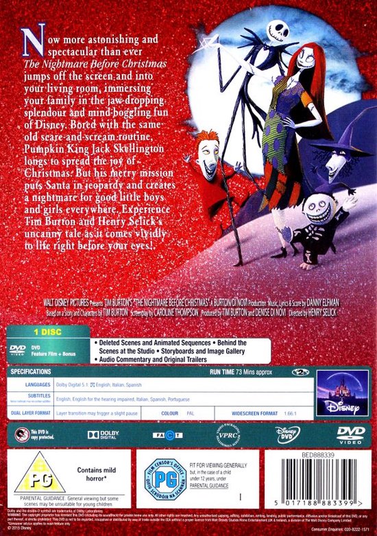 Le dos du DVD "The Nightmare Before Christmas", présentant Jack, Sally et d'autres personnages, ainsi que les détails du film.