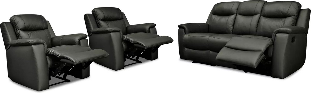 Vente-unique Driezits relaxbank en twee relaxfauteuils EVASION van leer - zwart