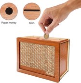 Houten spaarpot his money her money met glas op pootjes 15 cm