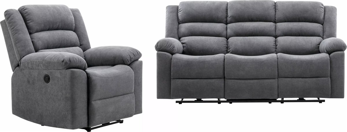 Vente-unique Elektrische driezits-relaxbank en relaxfauteuil van grijze stof BUROLO