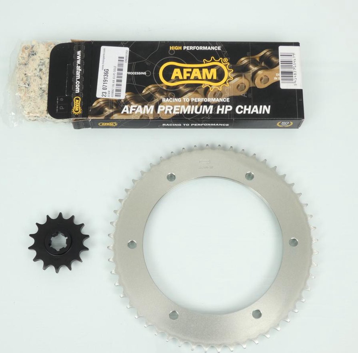 Kit chaîne Afam pour moto Hyosung 125 Aquila 2003 à 2015 14x52 Pas 428 Al 164mm