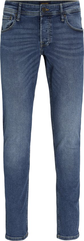 Blauwe jeans met knoopsluiting en JACK & JONES-label in de taille.