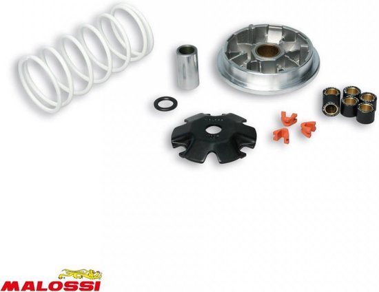 Kit variateur Malossi pour scooter avec ressort blanc, poulie argentée, plaque variateur noire, galets et pièces.