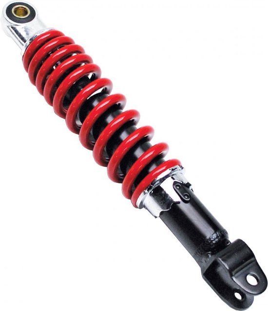 Amortisseur arrière P2R pour scooter avec ressort hélicoïdal rouge vif et corps noir chromé.