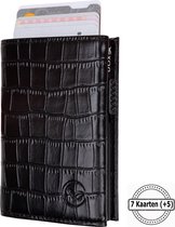 Zwarte portemonnee met krokodillenprint, met uitgeschoven kaarten en een "7 Kaarten (+5)" zegel.