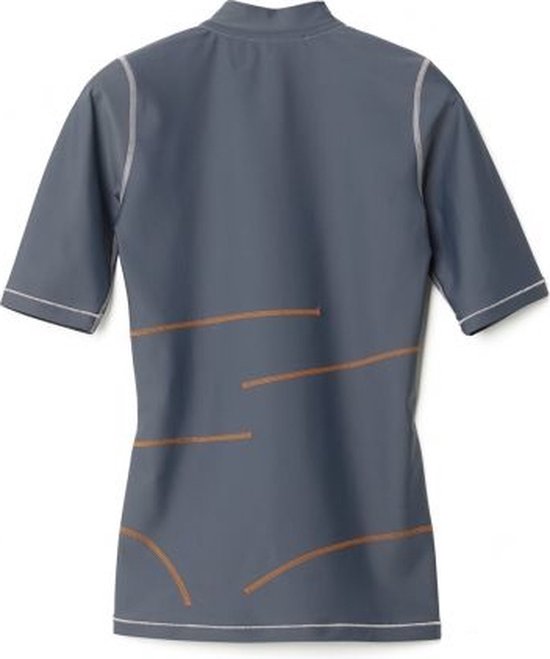 Donkergrijs poloshirt met oranje accenten en witte stiksels, korte mouwen.