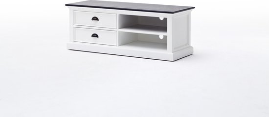 HalifaxContrast tv-meubel met 2 lades en 1 plank, in wit met zwarte bovenkant.