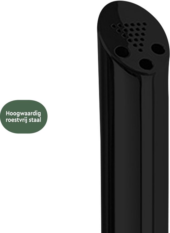 Close-up van de bovenzijde van een zwarte staande asbak, gemaakt van hoogwaardig roestvrij staal.