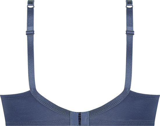 Blauwe beugel-bh, achterkant met haakjes en oogjes, schouderbandjes verstelbaar.