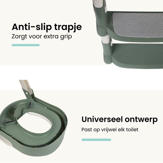 Groene WC verkleiner met trapje, met anti-slip treden en een universeel ontwerp.