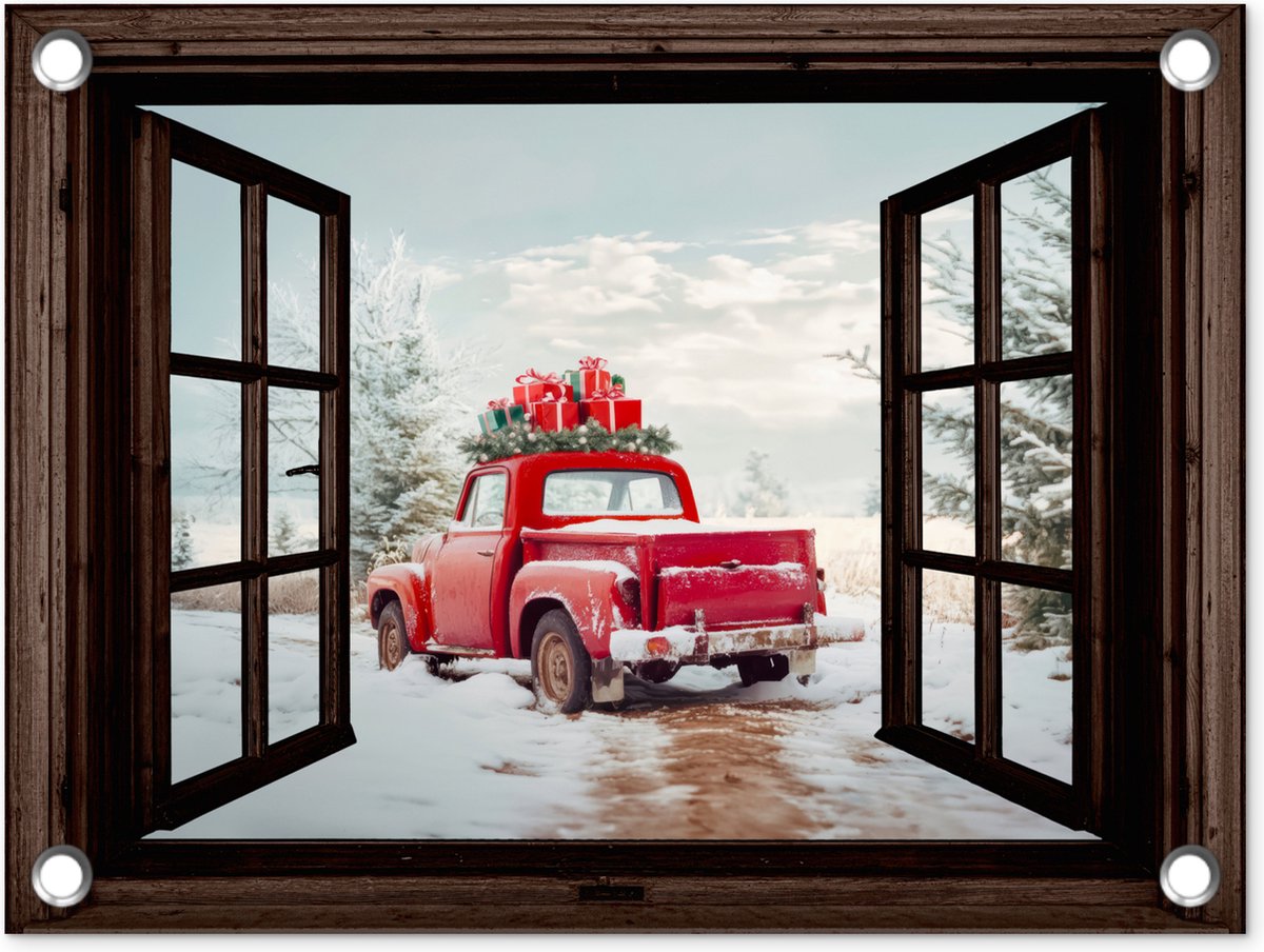 Tuinposter met rood-witte auto in winterlandschap - Kerstdecoratie voor tuin.