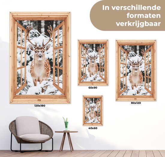 Tuinposter 60x90 cm - Tuindecoratie Doorkijk - Hert - Sneeuw - Winter - Bos - Dieren - Poster voor in de tuin - Buiten decoratie - Schutting tuinschilderij - Tuindoek muurdecoratie - Wanddecoratie balkondoek