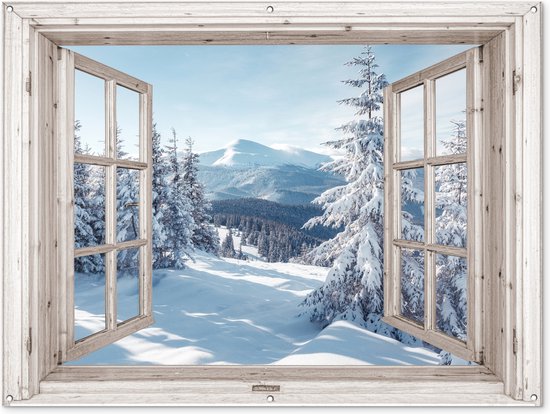 Affiche de jardin Transparent - Hiver - Paysage - Nature - Berg - Arbres - Wit - 160x120 cm - Toile de jardin - Affiche d'extérieur