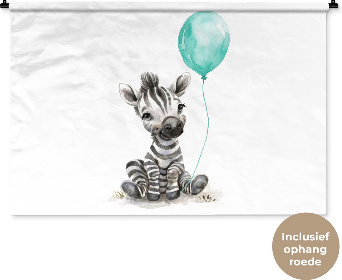 Wandkleed 120x80 cm - Wanddoek Zebra - Baby dier - Blauwe ballon - Wandtapijt - Wandkleden