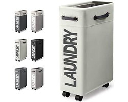 Wasmand met Wieltjes 45L Extra Smal Inklapbare Wasmand met Wielen Opvouwbare Dunne Wasmand met Handvat Praktische Opbergboxvoor Slaapkamers en Wasruimte (Gebroken Wit o2)