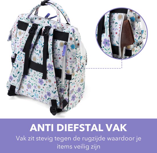 Brisby overzichtelijke luiertas - verzorgingstas - met buggymontage en stay-open frame - gratis verschoonmatje - USB oplaadfunctie - geïsoleerde flessen vakjes - purple flower van Brisby — afbeelding 4