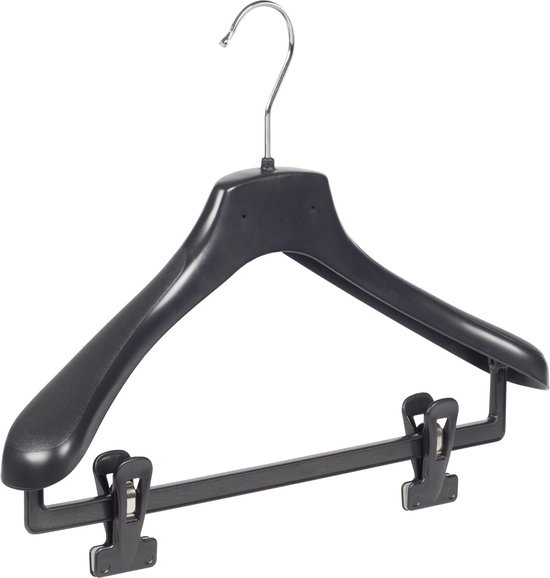 De Kledinghanger Gigant - 40 X Mantelhanger / Kostuumhanger Kunststof Zwart Met Schouderverbreding En Broeklat 50 Cm