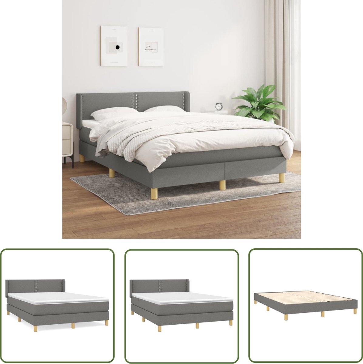 vidaXL Slaapcomfort - Boxspringbed - Boxspring met matras stof donkergrijs 140x190 cm - Boxspring - Donkere Kleur - Tweepersoonsbed