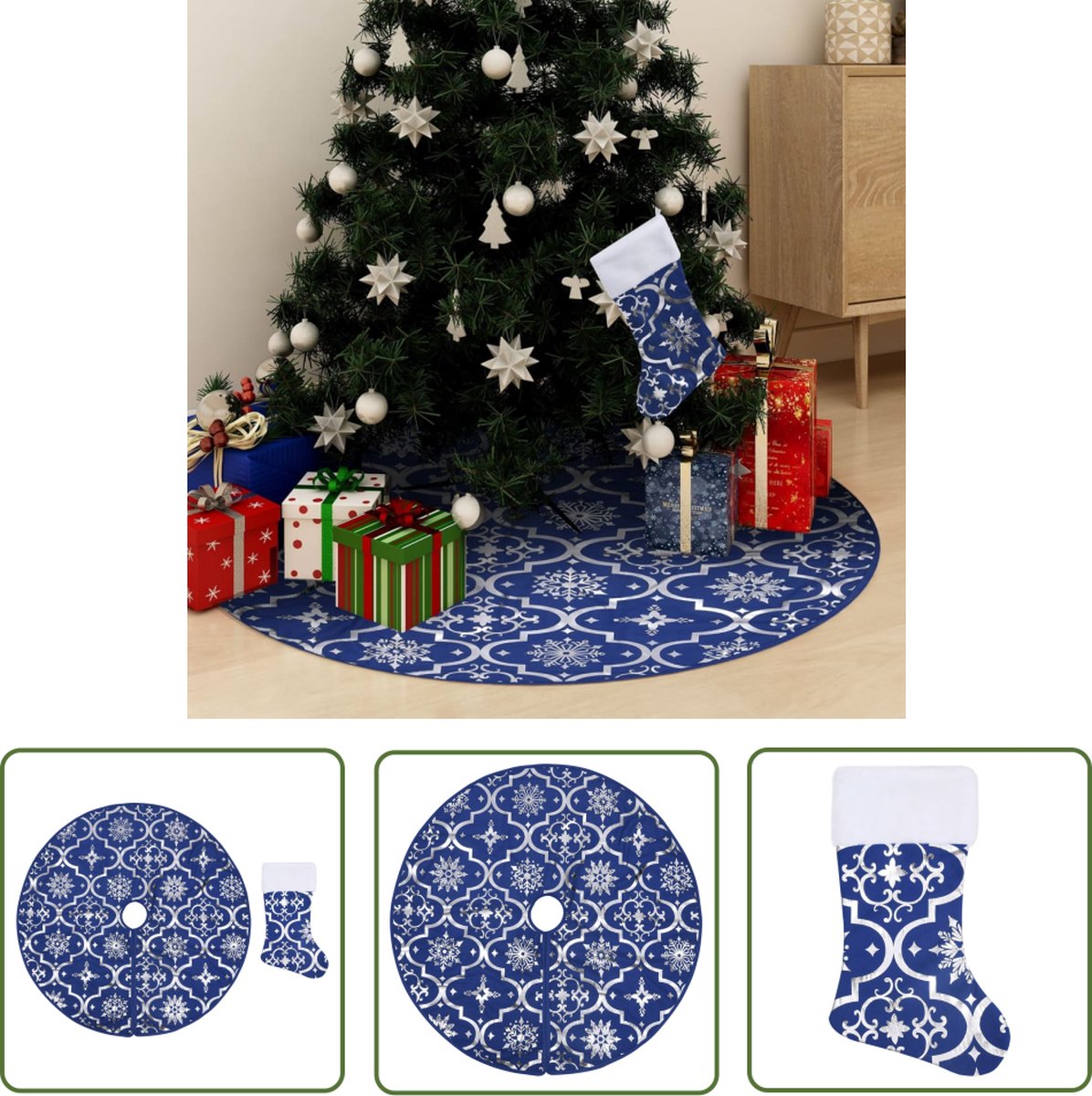 Kerstboomrok in blauw met sneeuwpatroon, 150 cm diameter, inclusief kerstsok, van The Living Store.