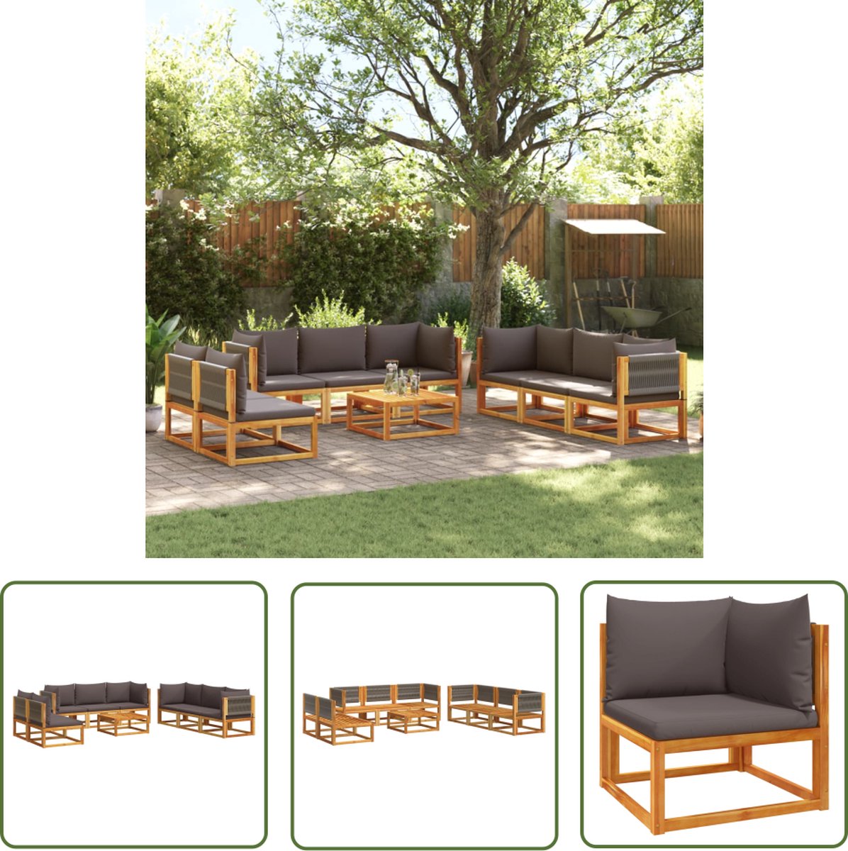The Living Store Loungeset Acaciahout - 65x65x65 cm - Grijs touw - Modulair ontwerp Loungeset - Tuinmeubels - Acacia Hout - Lounge Set - Buitendecoratie - Outdoor Furniture - Balkon Meubel