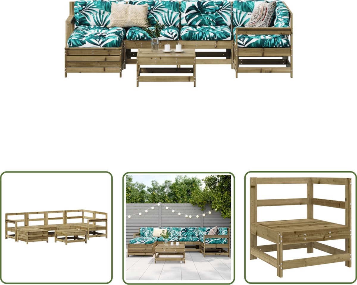 The Living Store 7-delige Loungeset geïmpregneerd grenenhout - Loungeset - Tuinmeubels - Buitenshuis Relaxen - Teak Meubel - Lounge Bank