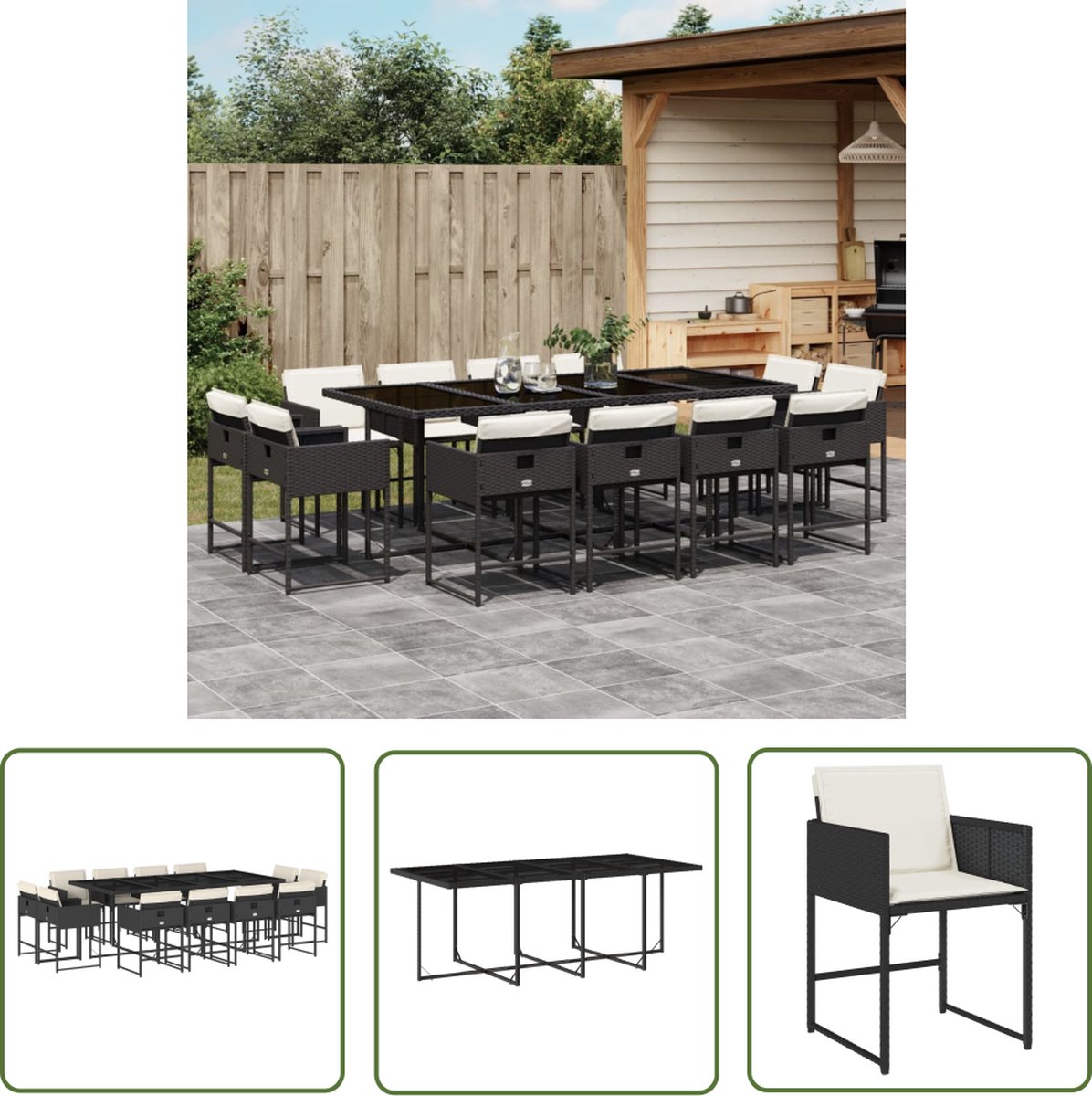 Zwarte poly rattan tuinset met kussens - The Living Store.