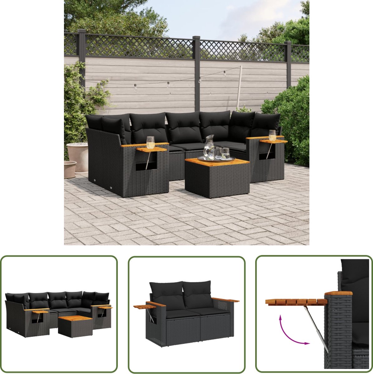 Moderne zwarte poly rattan loungeset met kussens voor buitenruimtes.