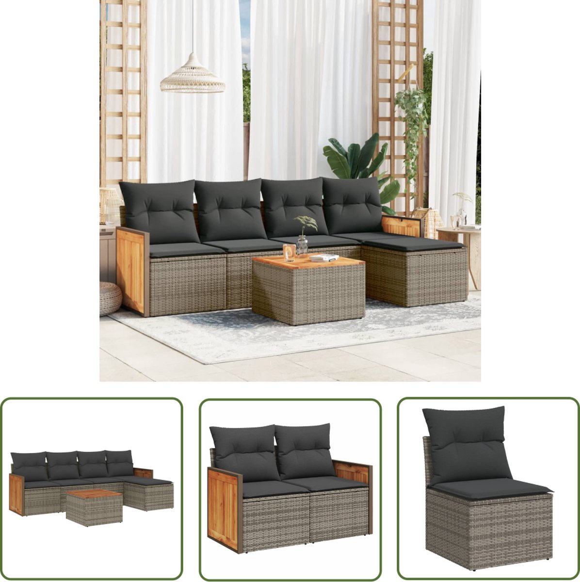 The Living Store 6-delige Loungeset met kussens poly rattan grijs - Loungeset - Tuinlounge - Loungemeubels - Buitendecoratie - Pe Rattan