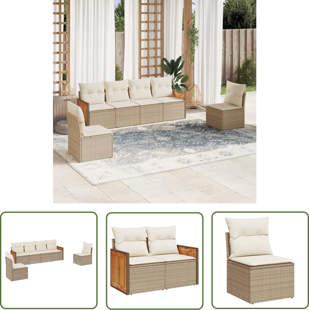 The Living Store 6-delige Loungeset met kussens poly rattan beige - Loungebank - Tuinset - Lounge Set - Buis Meubel - Outdoor Furniture