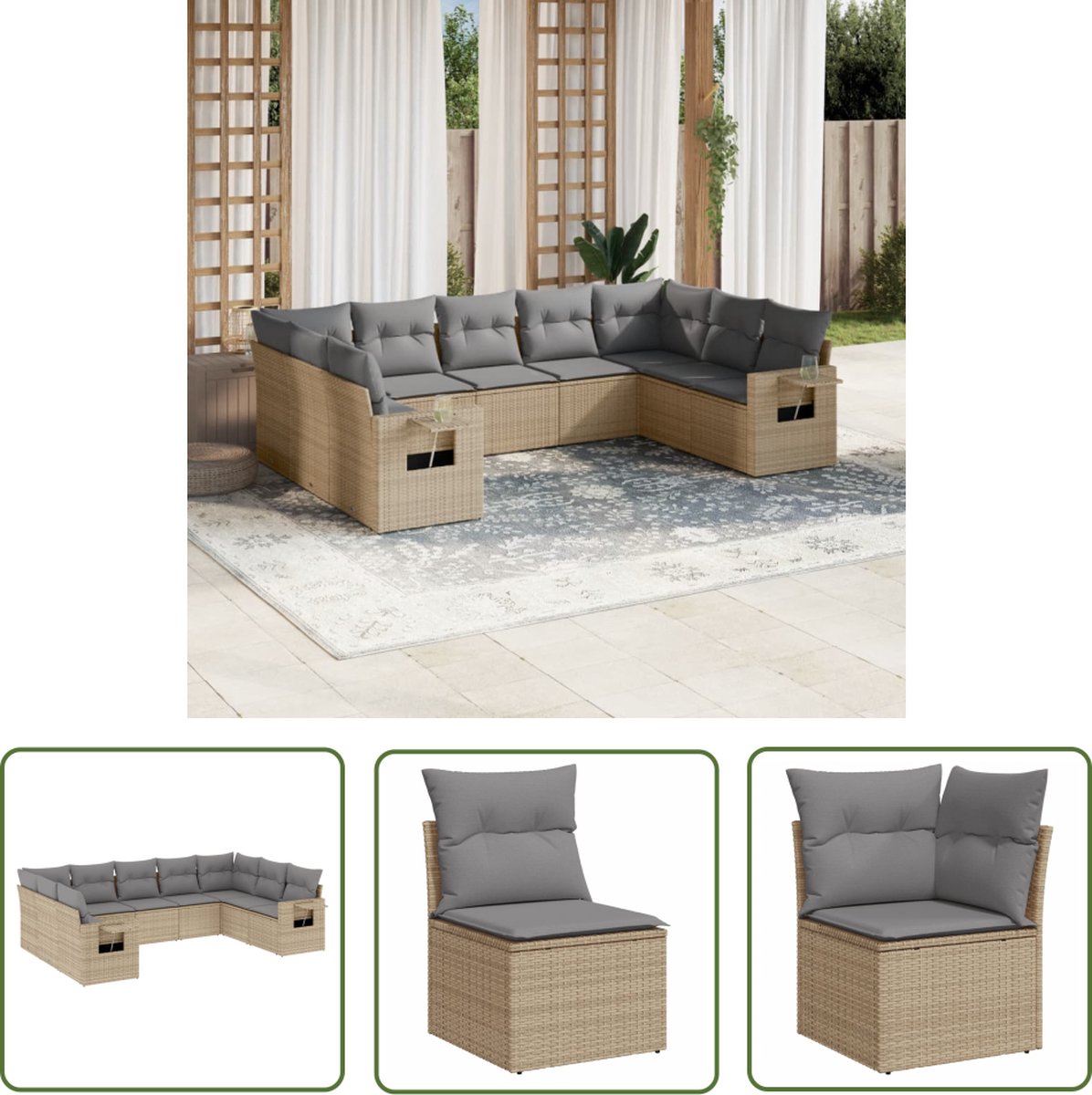 The Living Store 9-delige Loungeset met kussens poly rattan beige - Loungeset - Tuinset - Lounge - Outdoor Furniture - Buitendecoratie