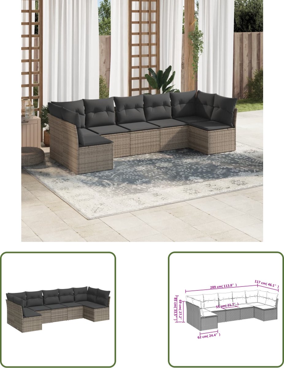 The Living Store 7-delige Loungeset met kussens poly rattan grijs - Loungeset - Lounge Set - Tuinlounge - Buitendiner - Outdoor Furniture
