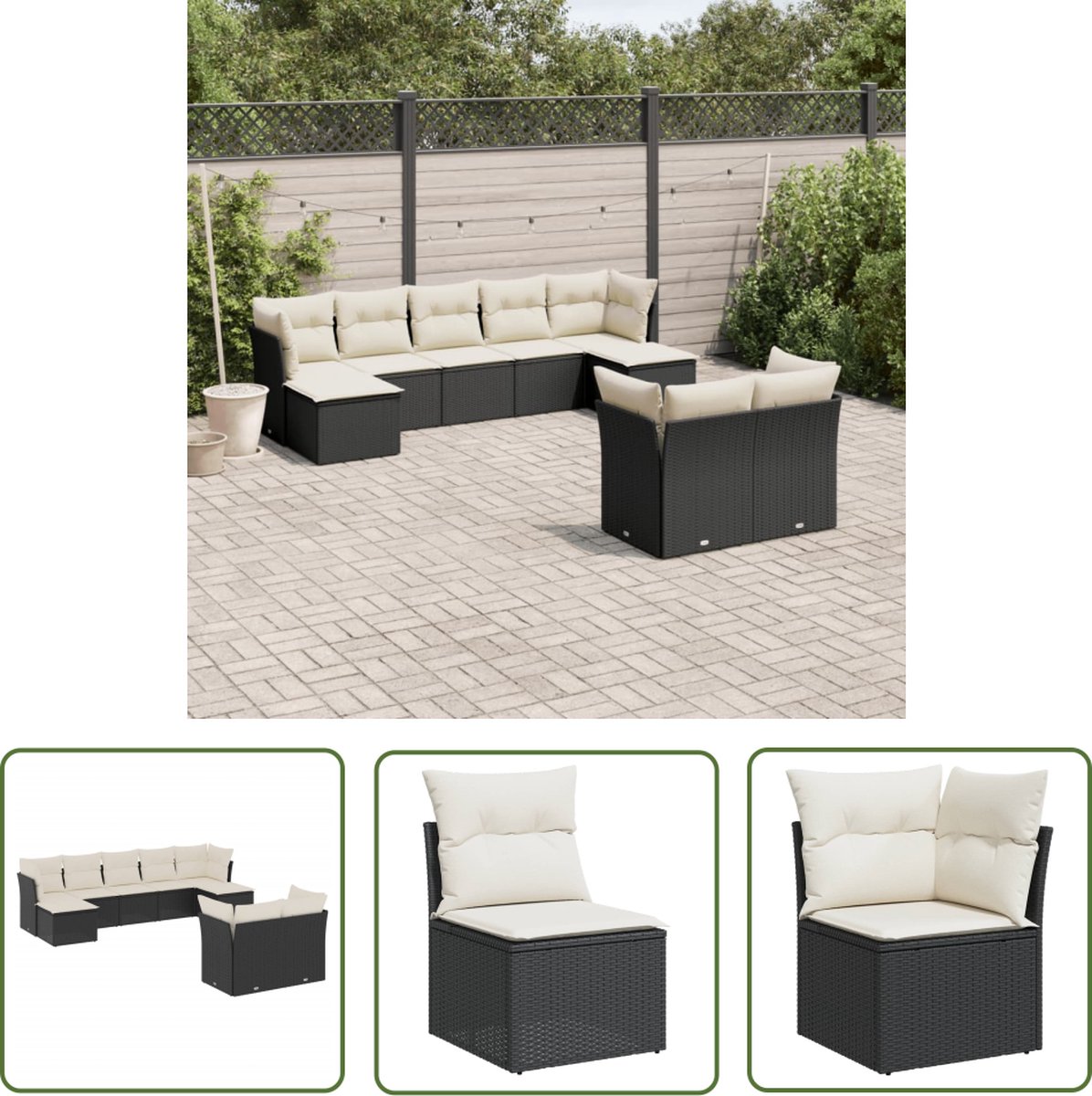 The Living Store 9-delige Loungeset met kussens poly rattan zwart - Loungeset - Tuinmeubels - Lounge Set - Pe Rattan - Zwarte Loungebank