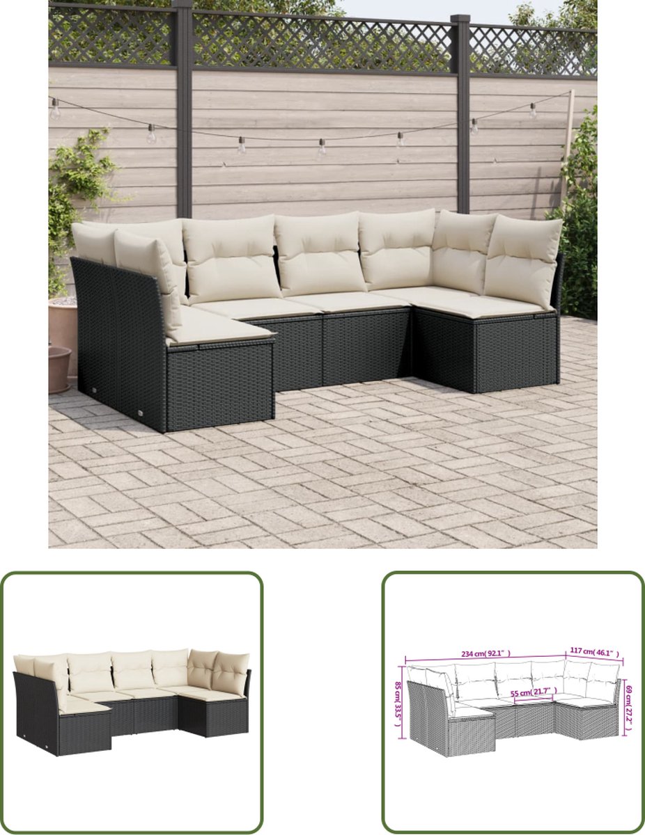 The Living Store 6-delige Loungeset met kussens poly rattan zwart - Loungebank - Lounge Set - Tuinlounge - Buiszitter - Outdoor Furniture