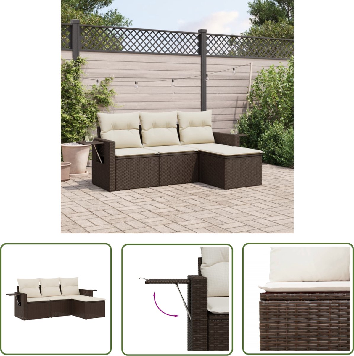 The Living Store 4-delige Loungeset met kussens poly rattan bruin - Loungeset - Tuinset - Lounge Set - Buitendecoratie - Tuinmeubelen