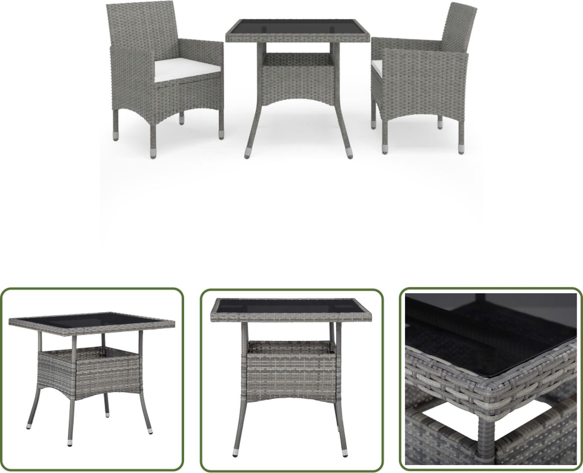 The Living Store 3-delige Tuinset poly rattan en glas grijs - Eetkamerset - Tuinset - Buitentafel - Lounge Set - Poly Rattan Meubilair