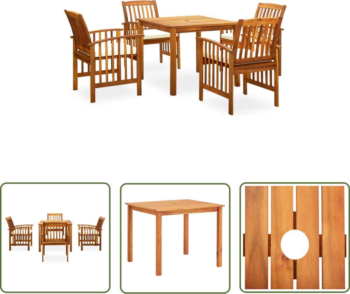 The Living Store 5-delige Tuinset met kussens massief acaciahout - Tuinstoel - Acacia Hout - Eettafel - Buitendiner - Lounge Set
