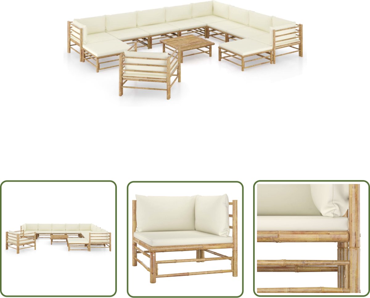 Loungeset van bamboe met crèmewitte kussens, Loungestoel - Tuinstoel