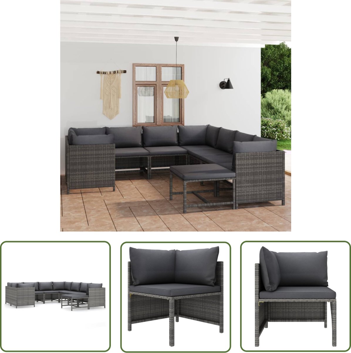 Grijze poly rattan loungeset met kussens voor tuin en terras.